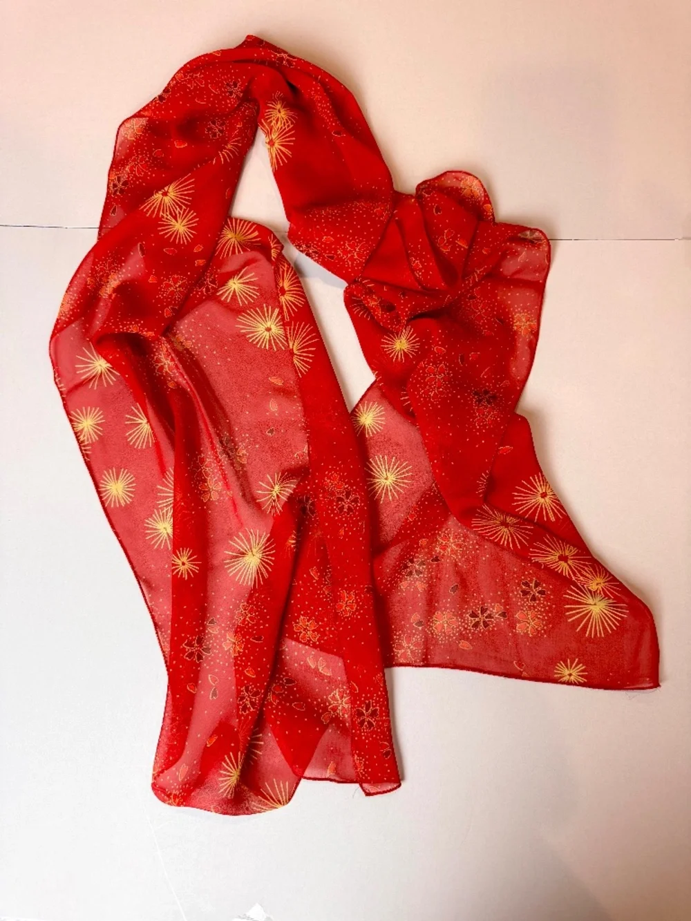 HARARI 100% Silk Chiffon Scarf Red Burst Floral Print Made in USA